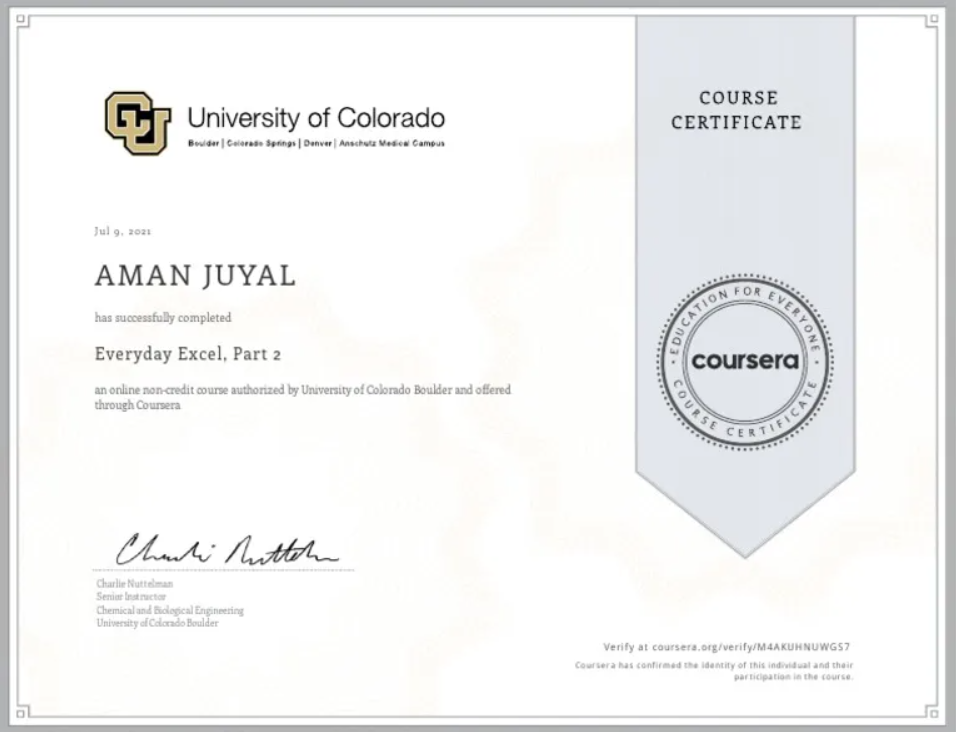 University of Colorado Boulder via Coursera Excel Course with Certificate