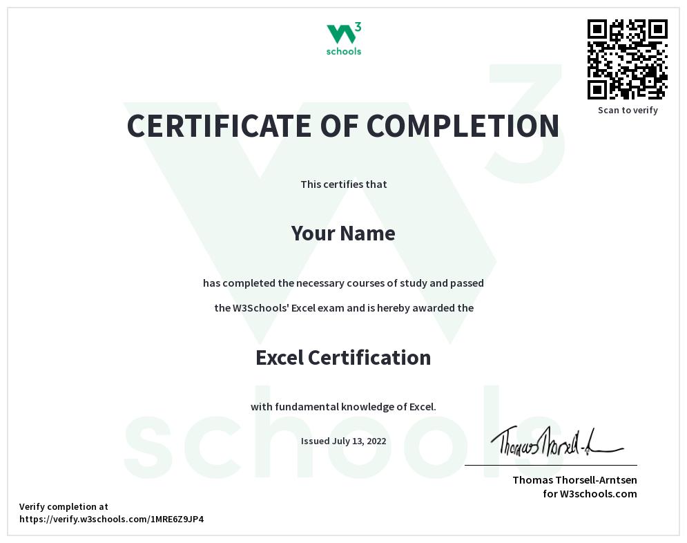 W3Schools Excel Certificate