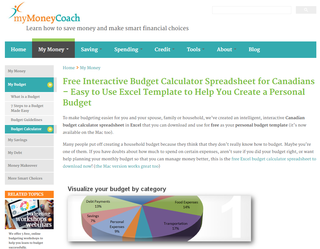 MyMoneyCoach Canadian Budget Calculator Spreadsheet
