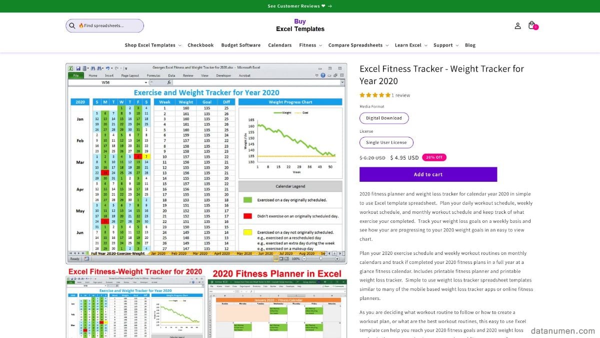 BuyExcelTemplates Excel Fitness Tracker - Weight Tracker for Year 2020