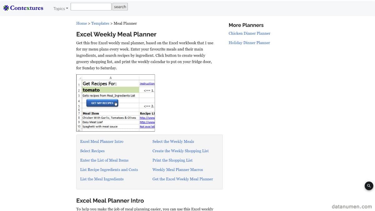 Contextures Excel Weekly Meal Planner
