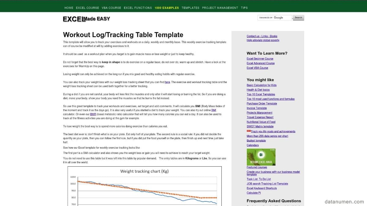 Excel Made Easy Workout Log/Tracking Table Template