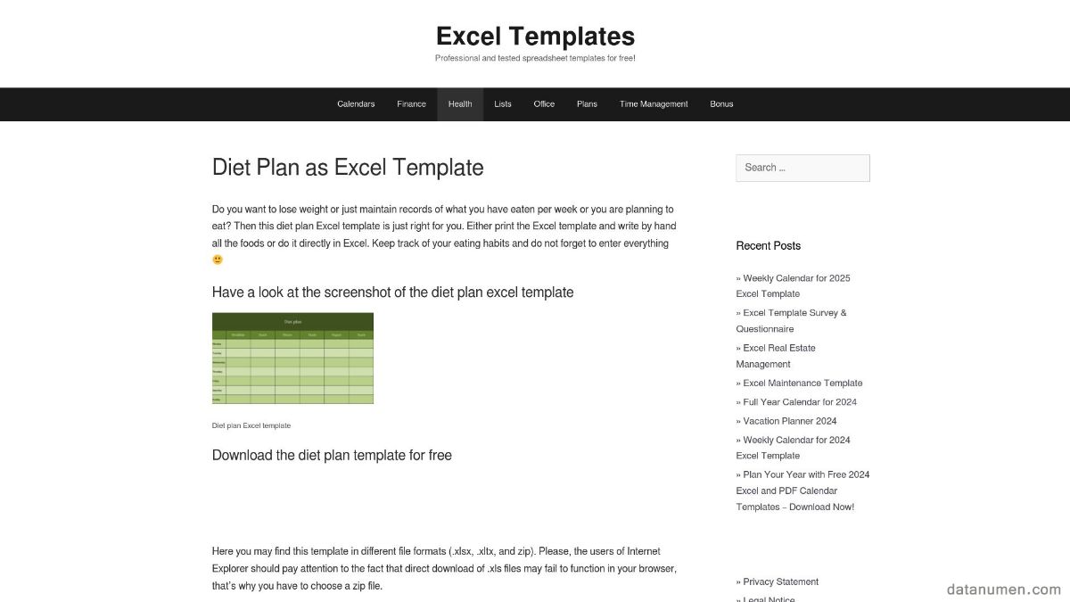 Excel-Template.Net Diet Plan as Excel Template
