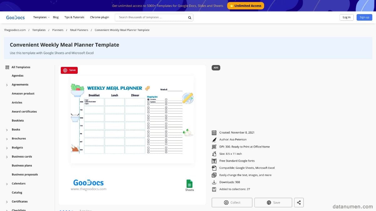 GOODOCS Convenient Weekly Meal Planner Template