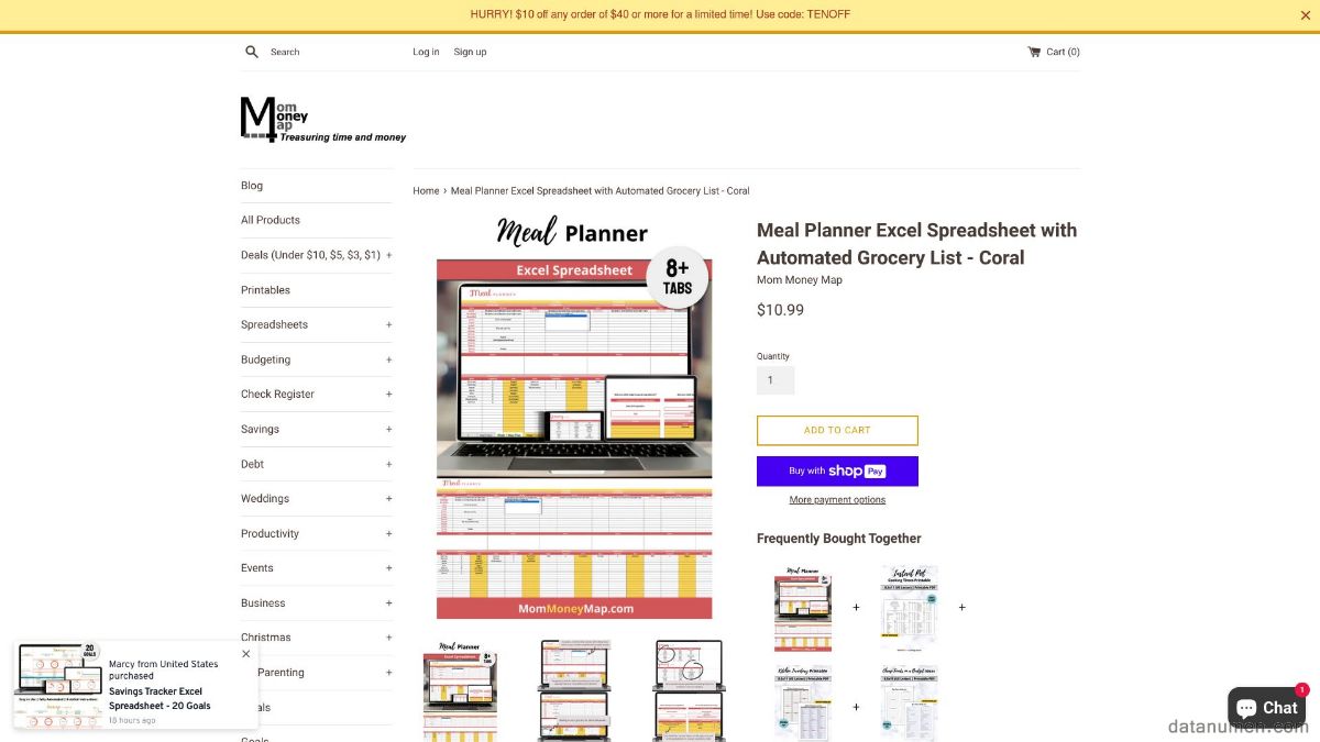 Mom Money Map Meal Planner Excel Spreadsheet with Automated Grocery List - Coral