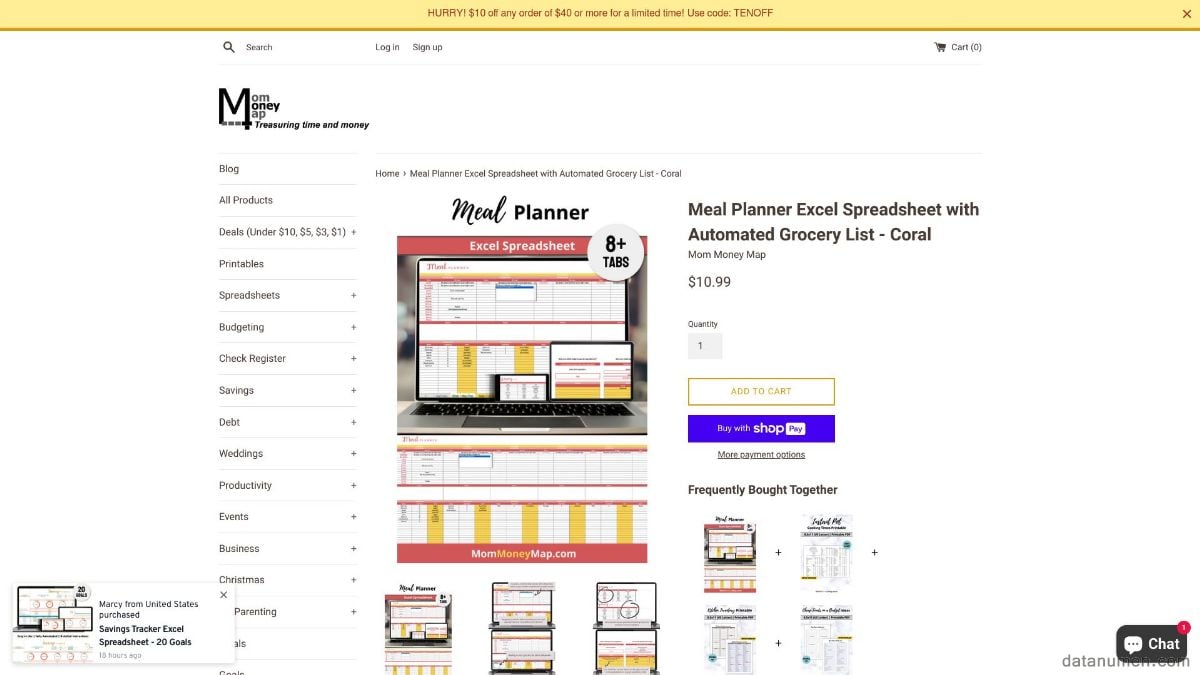 Mom Money Map Meal Planner Excel Spreadsheet with Automated Grocery List - Coral