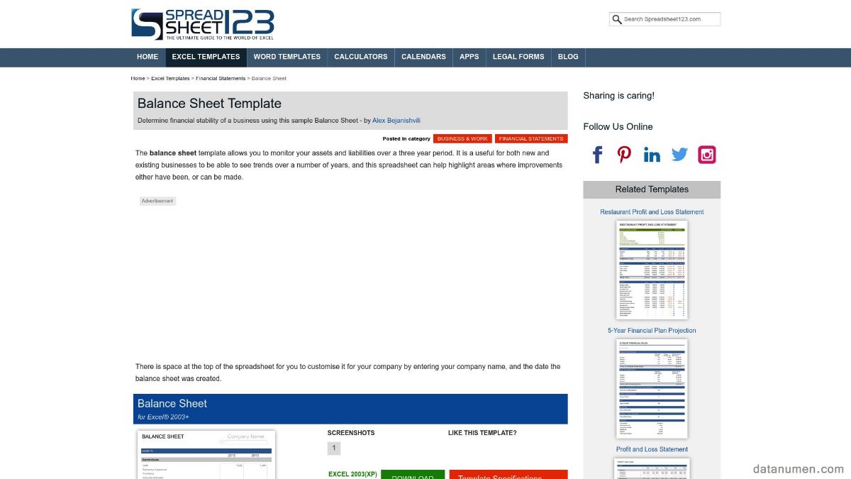 Spreadsheet123 Balance Sheet Template
