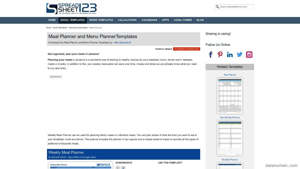 Spreadsheet123 Meal Planner And Menu PlannerTemplates