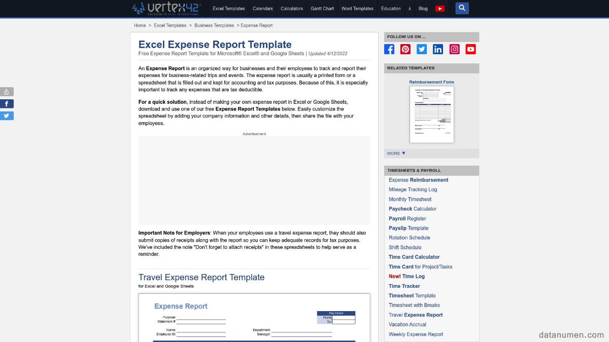 Vertex42 Excel Expense Report Template