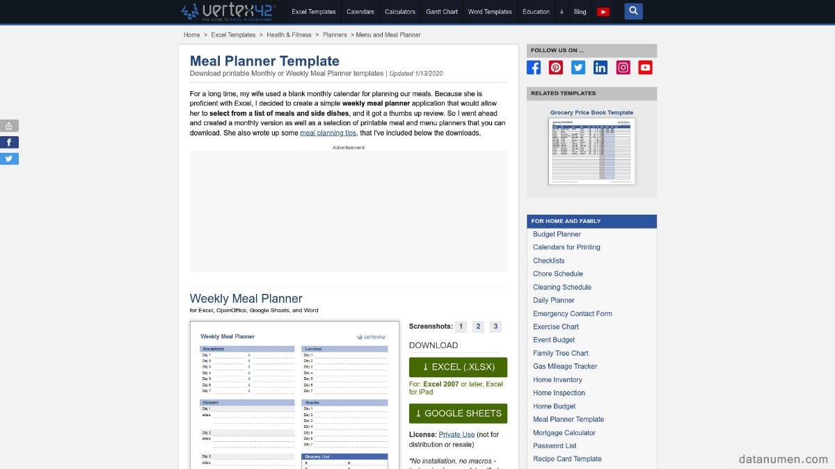 Vertex42 Meal Planner Template