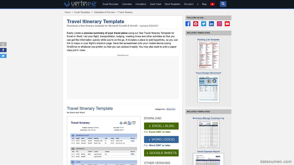 Vertex42 Travel Itinerary Template