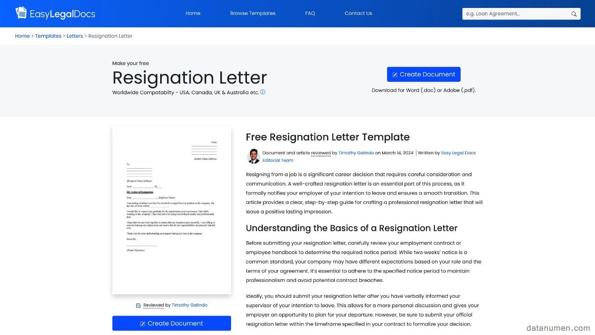 Easy Legal Docs Resignation Letter Template