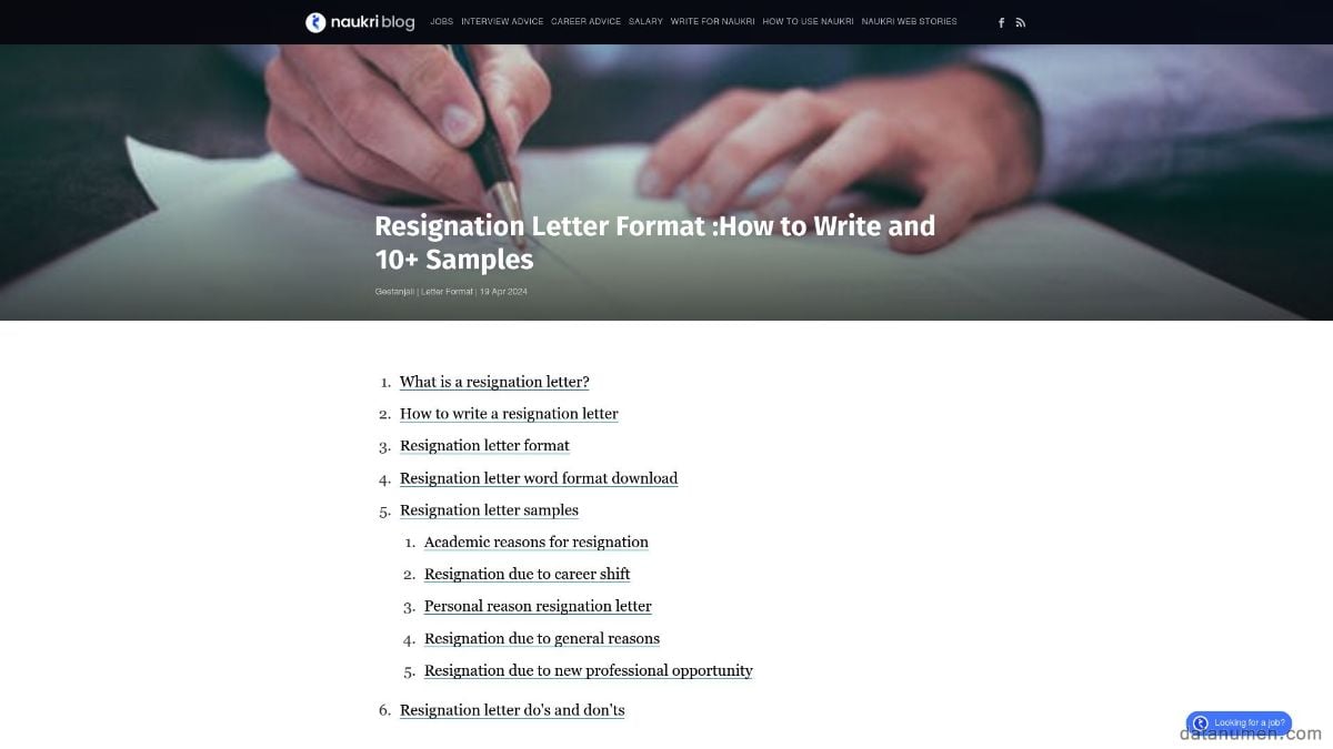 Naukri Resignation Letter Format