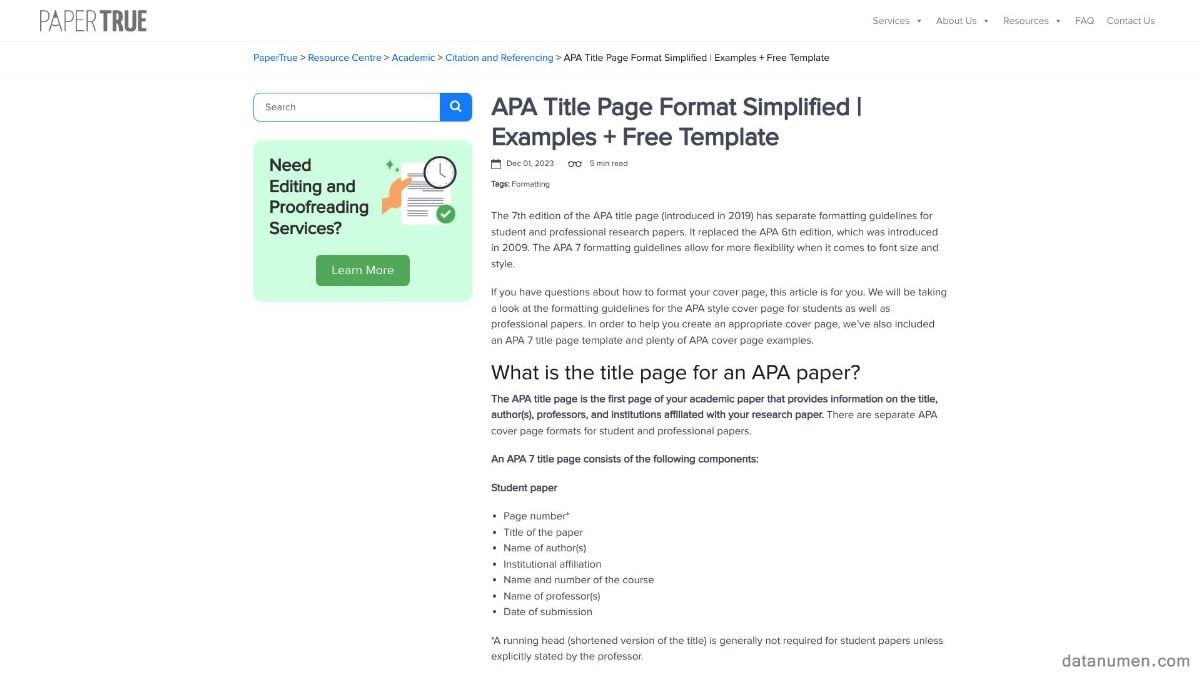 PaperTrue APA Title Page Format Simplified | Examples + Free Template