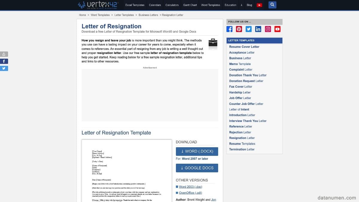 Vertex42 Letter Of Resignation
