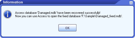 DataNumen Access Repair Success Message Box