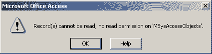 Screenshot of error "Record(s) cannot be read; no read permission on 'xxxx' (Error 3112)"