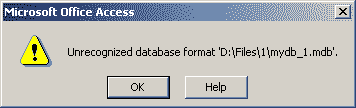 Екранна снимка на съобщение за грешка „Неразпознат формат на база данни „filename.mdb““