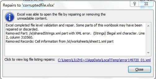 Excel was able to open the file by repairing or removing the unreadable content.