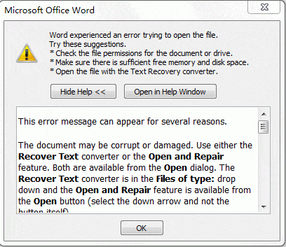 Word experienced an error trying to open the file.