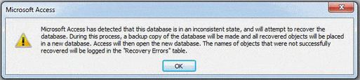Screenshot of error message "Microsoft Access has detected that this database is in an inconsistent state"