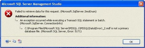 Screenshot of error "Not A Primary Database File"