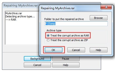 WinRAR ремонтира RAR файл