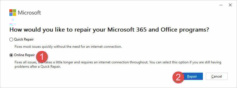 Use the online repair option to repair the Microsoft Office installation in the control panel.