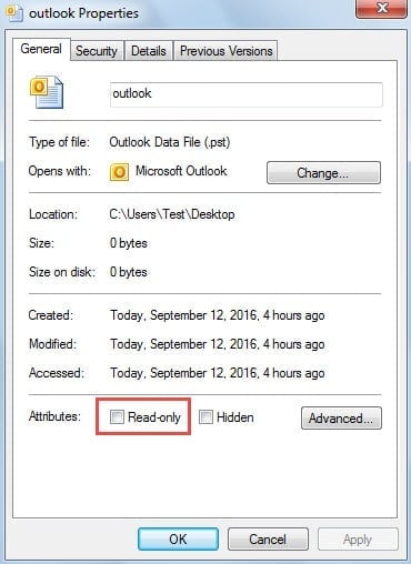 Check and make sure the read-only attribute in the Outlook PST file is not enabled.