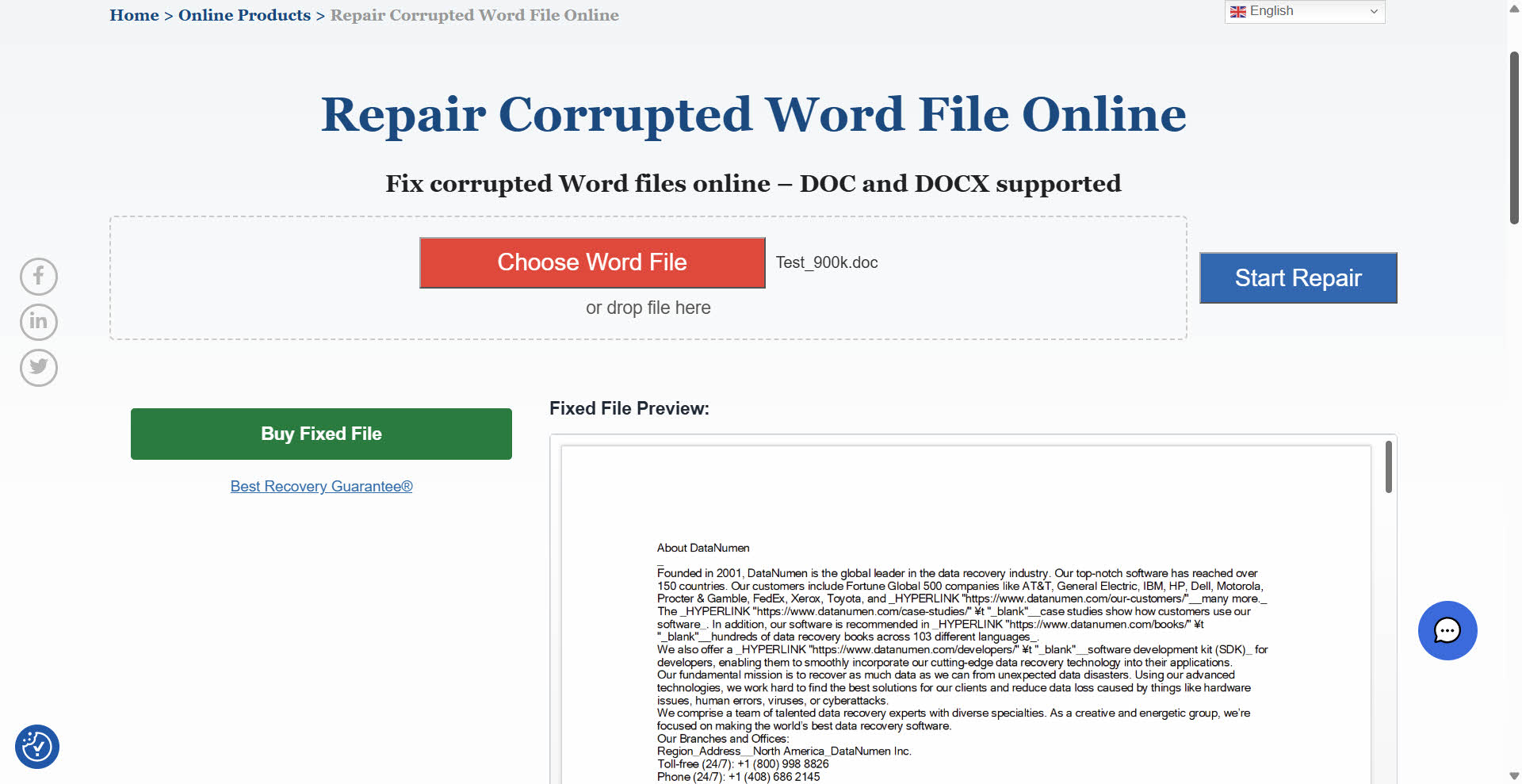 DataNumen Online Word Repair - After the repair process is completed.