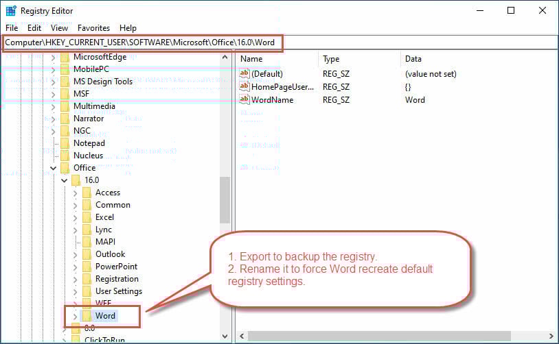Use Registry Editor to reset the Word registry settings.