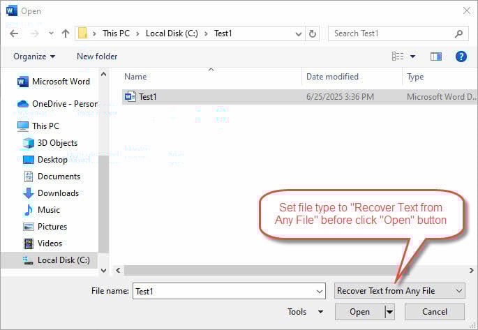 Change the file type to "Recover Text from Any File" to extract readable content from severely corrupted files.