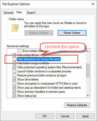 In Windows Control Panel, show file extensions in file explorer options.