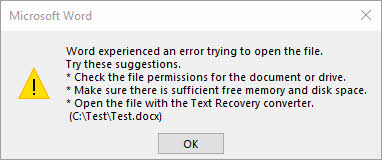 The screenshot of the "Word experienced an error trying to open the file." error in Word 2019.