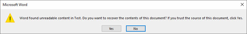 The screenshot of the "Word Found Unreadable Content" Error in Word 2019.