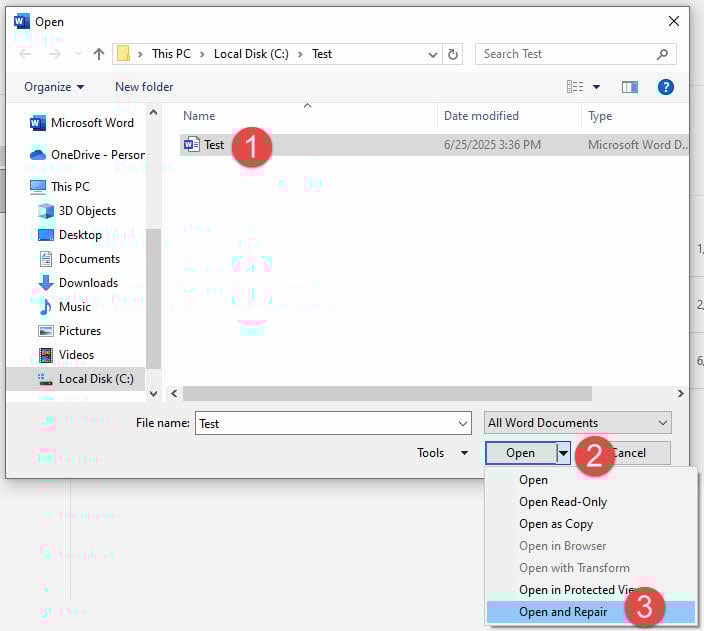 Use the Word "Open and Repair" feature to open the corrupted Word document.