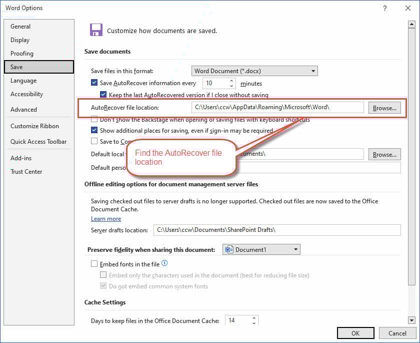 Find the AutoRecover file location in Word Options.