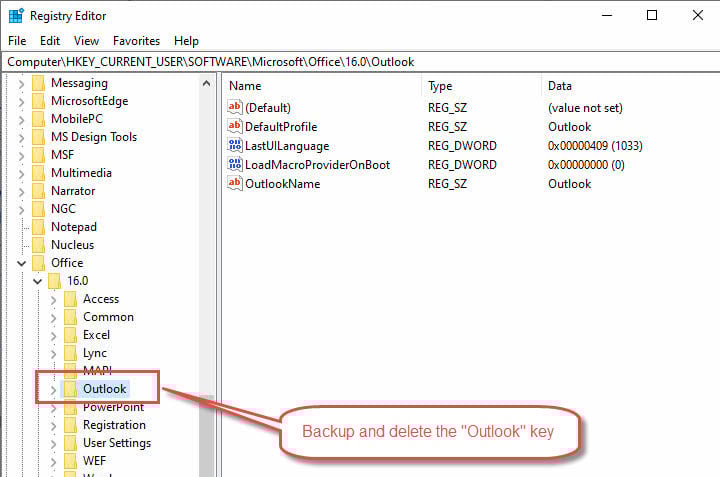  Backup and delete the "Outlook" key in Windows registry to solve the "Cannot Start Microsoft Outlook" error.