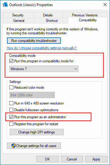Adjust the compatibility settings for Outlook.