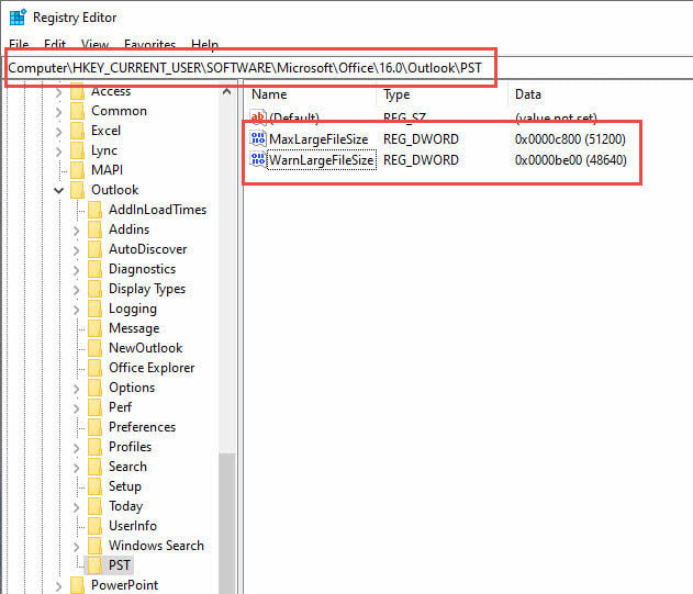 Change the PST/OST file size limits in Windows Registry if Outlook won't open.