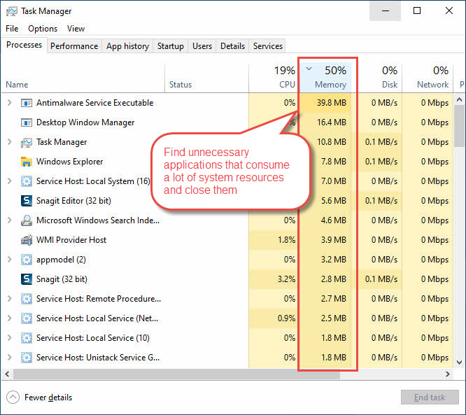Find unnecessary applications that consume a lot of system resources and close them in Windows Task Manager, to solve the "Outlook not responding" problem.