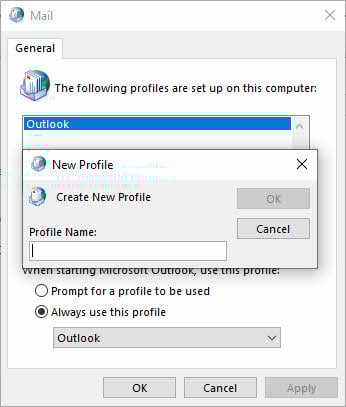 Create a new profile if Outlook won't start.