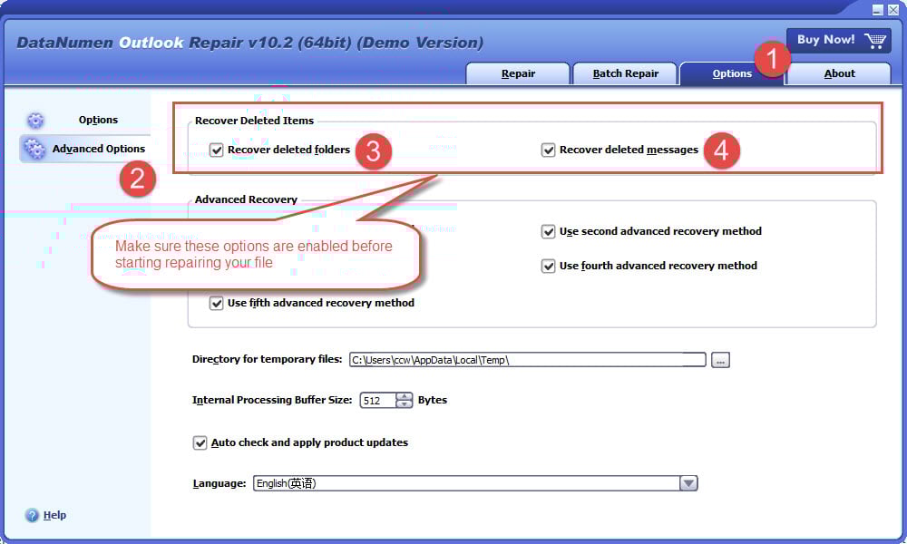 Enable the "Recover Deleted Items" options in DataNumen Outlook Repair.
