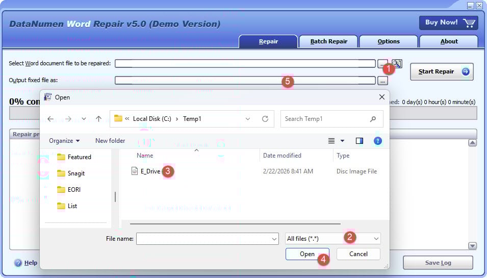 Use DataNumen Word Repair to recover Word document data from a disk image file.