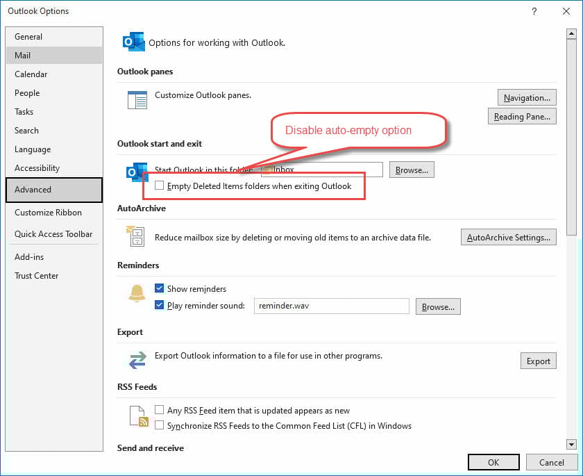 Disable "Emtpy Deleted Items folders when exiting Outlook" option in Outlook.