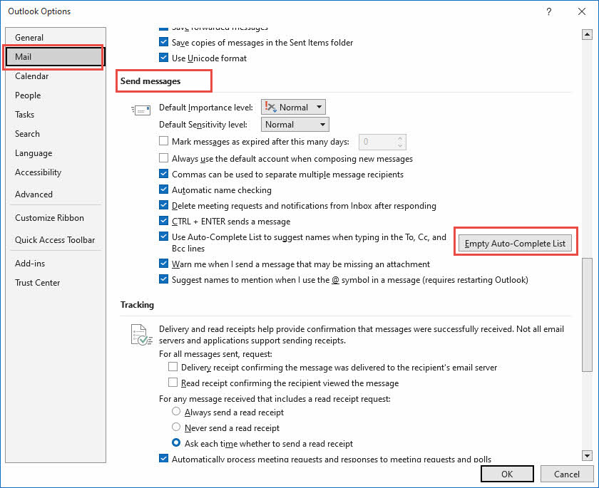 Empty Auto-Complete list in Outlook Options.