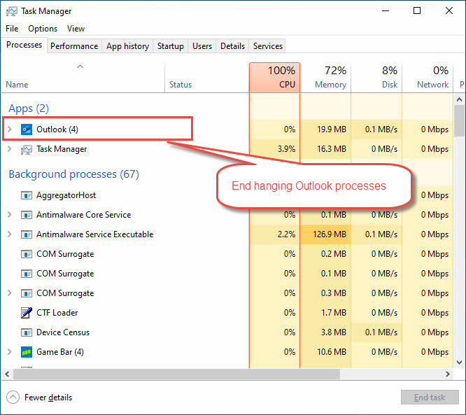 End the hanging Outlook processes in Windows Task Manager if you cannot start Microsoft Outlook.
