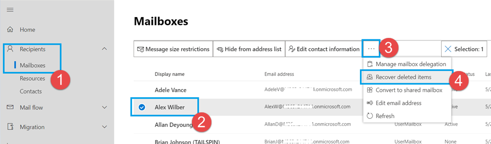 Use the "Recover Deleted Items" feature in Exchange admin center.