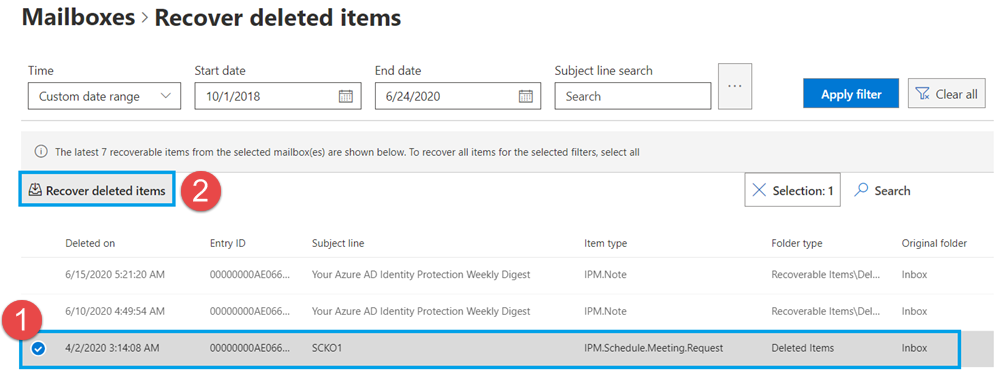 List of recoverable items in "Recover Deleted Items" tool (Exchange admin center).