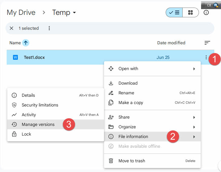 Manage versions of a file in Google Drive.